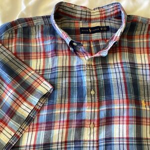 Men’s Linen Ralph Lauren Button Down Shirt Short Sleeve Multi Colored Sz 3XB